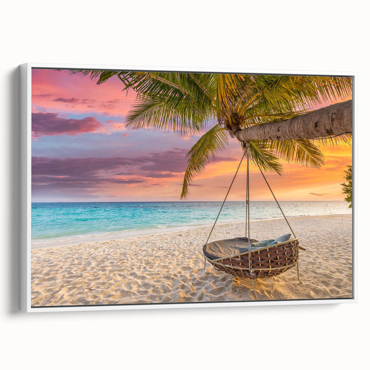 Framed canvas wall art depicting a serene beach landscape with vibrant colors, showcasing a white frame and side view for a modern aesthetic, perfect for home decor.