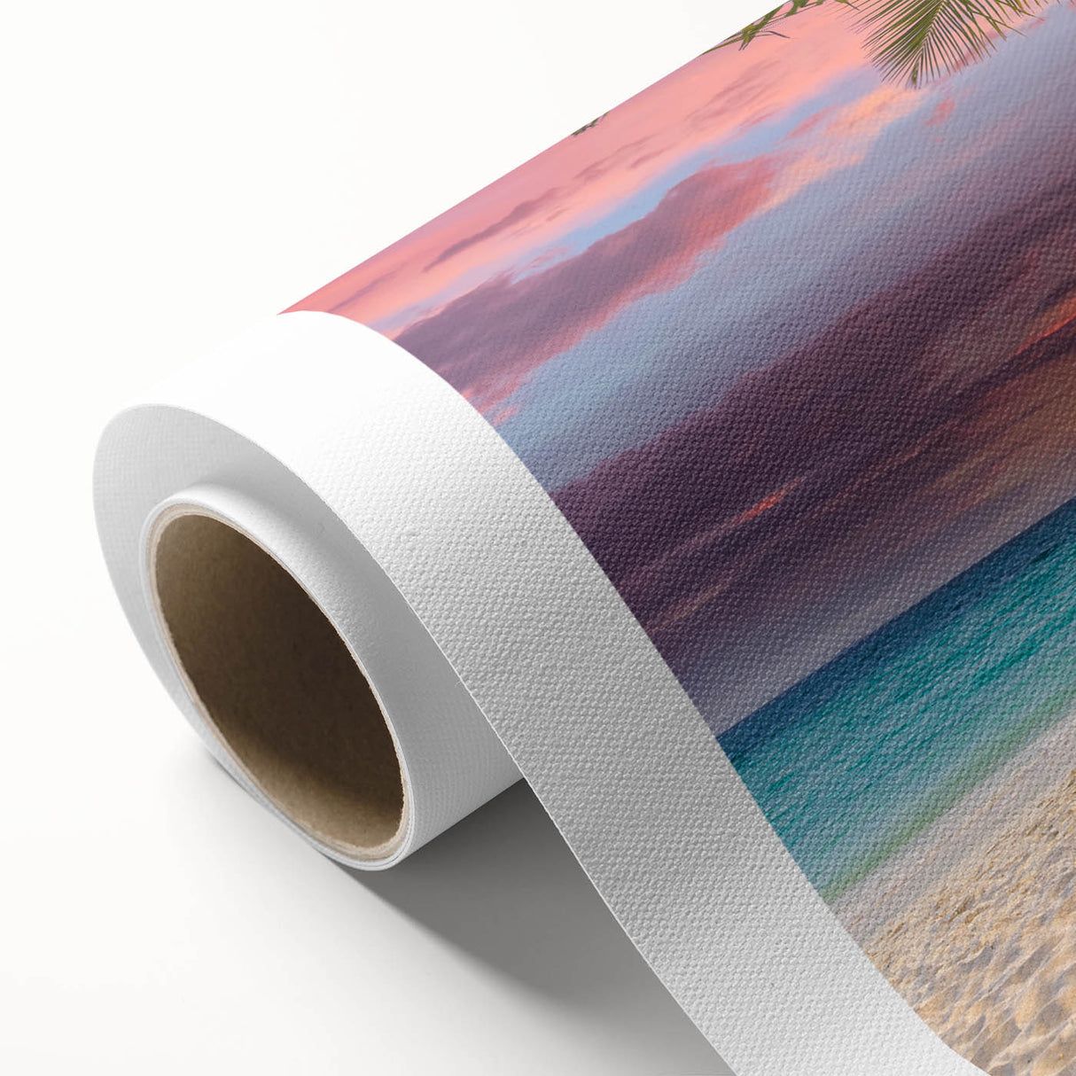 Rolled canvas depicting a serene beach landscape with vibrant blue skies and gentle waves, showcasing natural beauty, perfect for home decor or art enthusiasts.