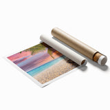 Colorful beach landscape wall art print showcasing vibrant blues and greens, perfect for home decor. Features serene ocean waves and golden sand, rolled for easy framing.