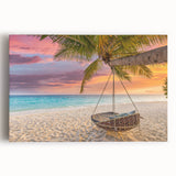 Stretched canvas wall art showcasing a serene beach landscape with vibrant blue skies and golden sand, perfect for coastal-themed decor and relaxation.