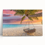 Stretched canvas wall art showcasing a serene beach landscape with vibrant colors, perfect for home decor, leaning against a wall in a modern setting.