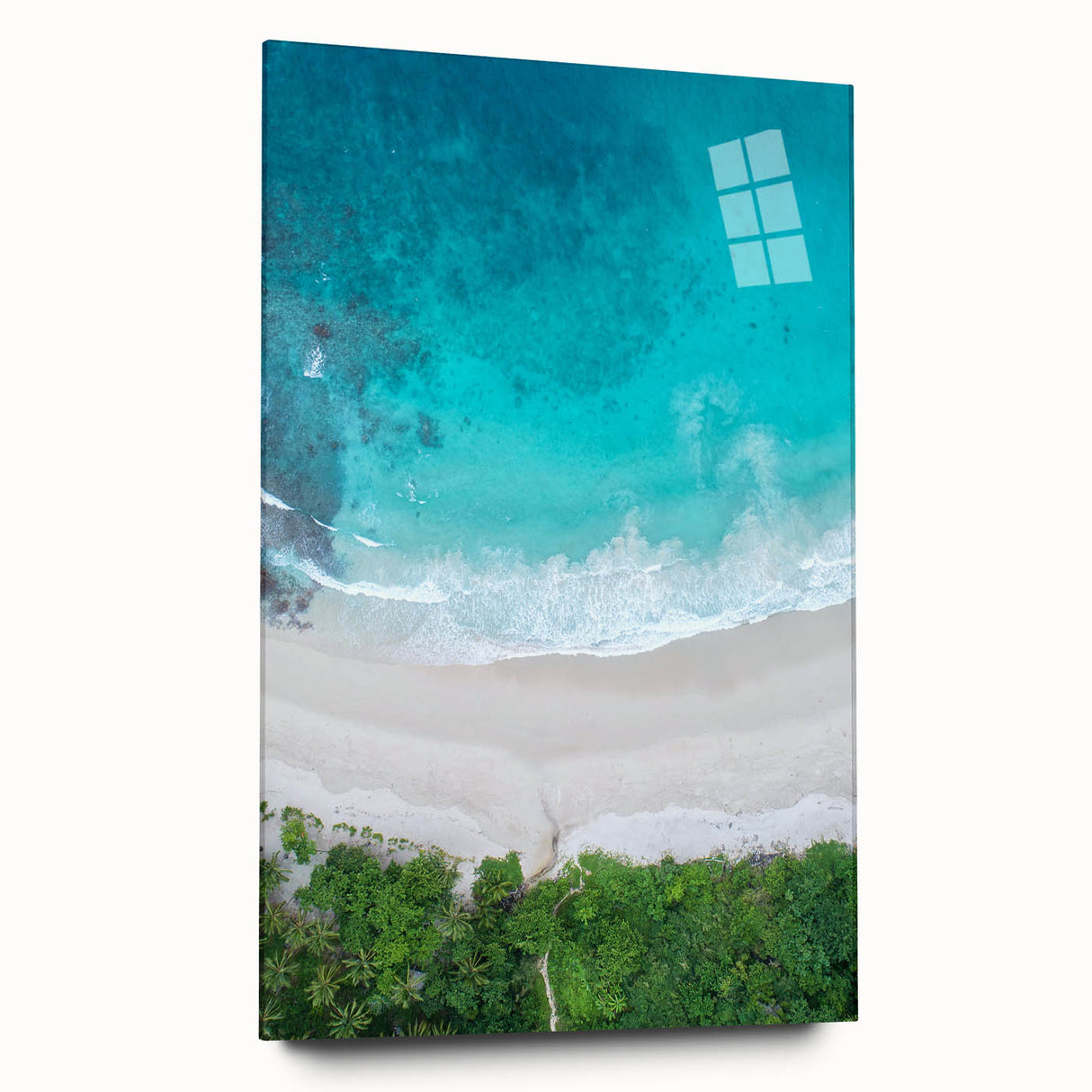 Acrylic wall art showcasing a serene beach landscape design, displayed in a side view without pins, highlighting vibrant colors and smooth glass finish. Ideal for coastal decor enthusiasts aiming to enhance their living space with a touch of nature.