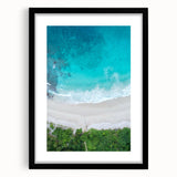 Framed wall art showcasing a serene beach landscape design in a black frame, complete with a white mat, perfect for enhancing home decor and adding tranquility.