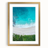 Framed beach landscape wall art collection featuring vibrant colors and a gold mat, showcasing serene coastal views, perfect for home decor enhancement.