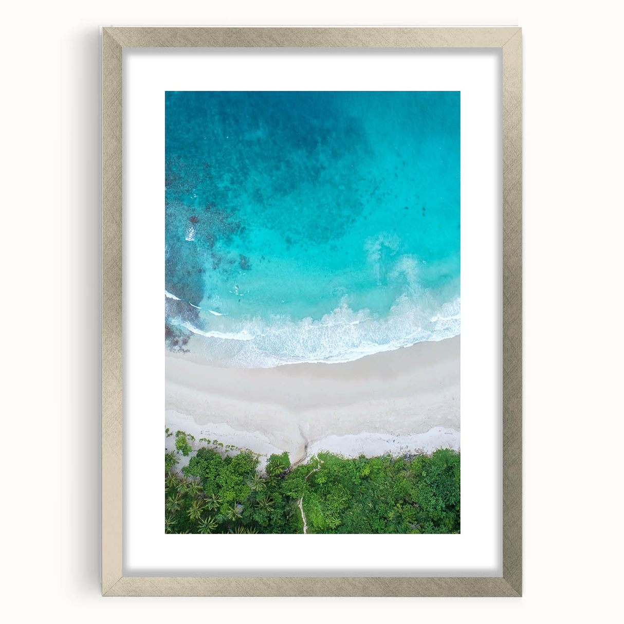 Framed beach landscape wall art design showcasing vibrant colors and serene scenery, featuring a silver frame with a mat for an elegant finish. Ideal for coastal decor.