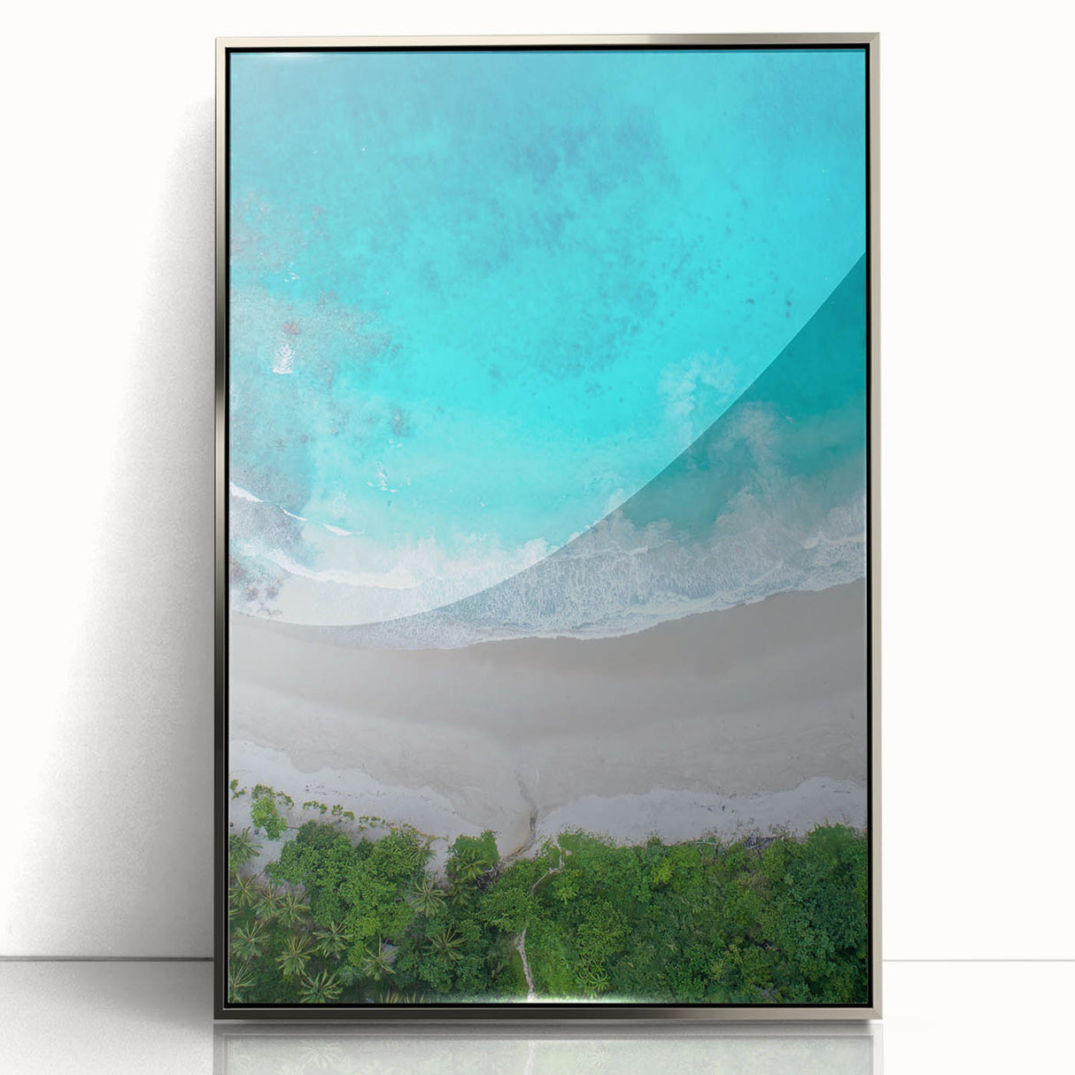 Framed acrylic wall art showcasing a serene beach landscape, featuring vibrant colors and a silver frame, perfect for enhancing modern home decor.