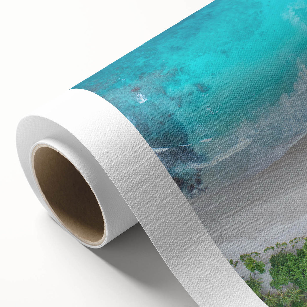 Stunning rolled canvas wall art showcasing a vibrant beach landscape with serene blue waters and golden sand, perfect for coastal-themed decor and relaxation.