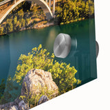 Close-up of a vibrant acrylic glass wall art piece showcasing a stunning landscape bridge design, featuring rich colors and intricate details for modern decor.