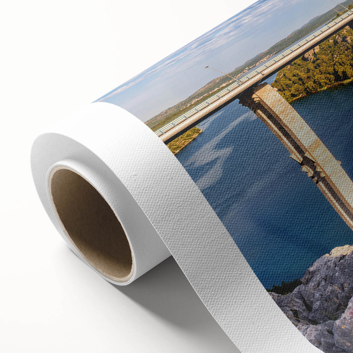 Rolled canvas artwork showcasing a serene landscape bridge design, featuring vibrant colors and intricate details, perfect for modern interior decor.