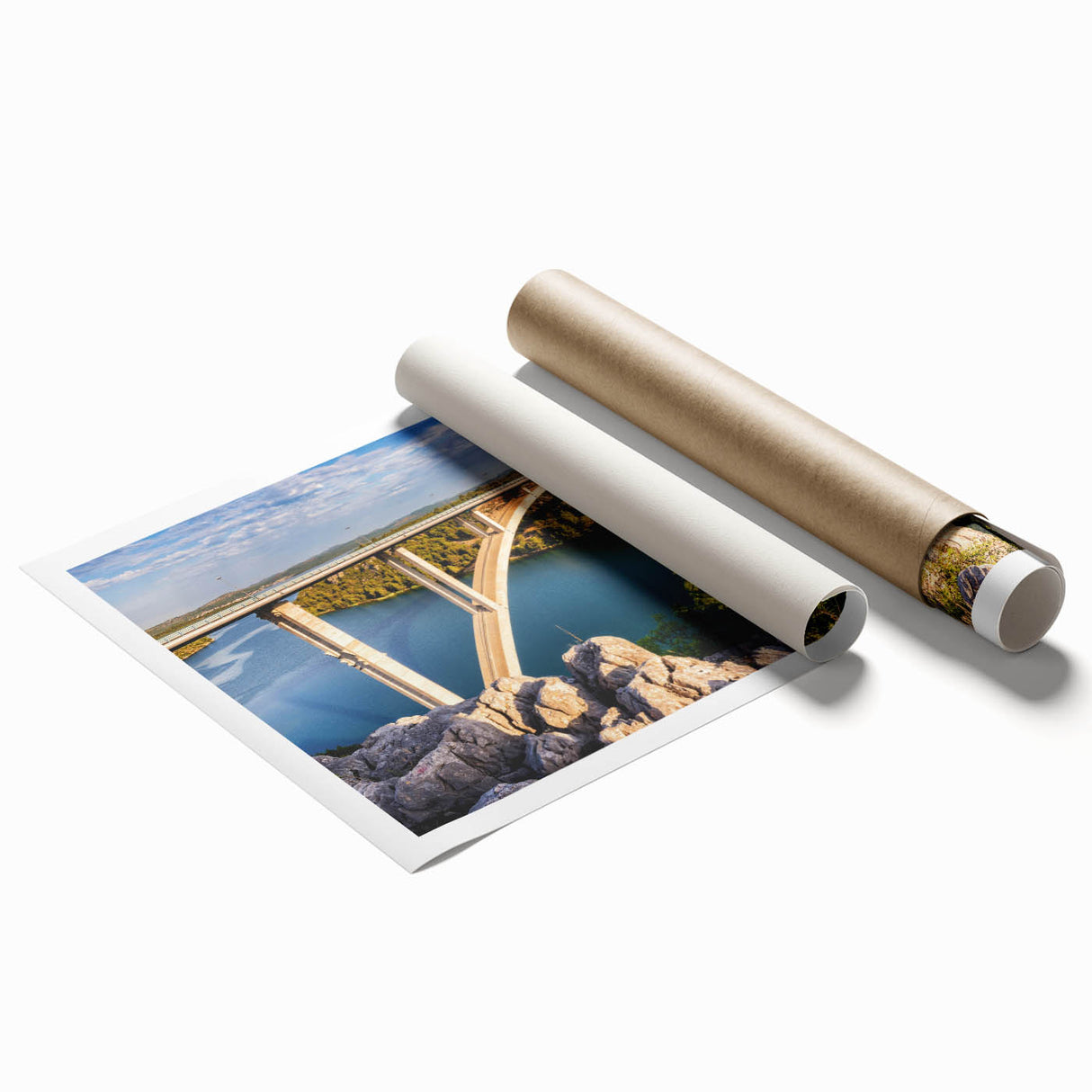 Vibrant rolled print showcasing a stunning landscape bridge design, featuring rich colors and intricate details, perfect for home decor or art collection.
