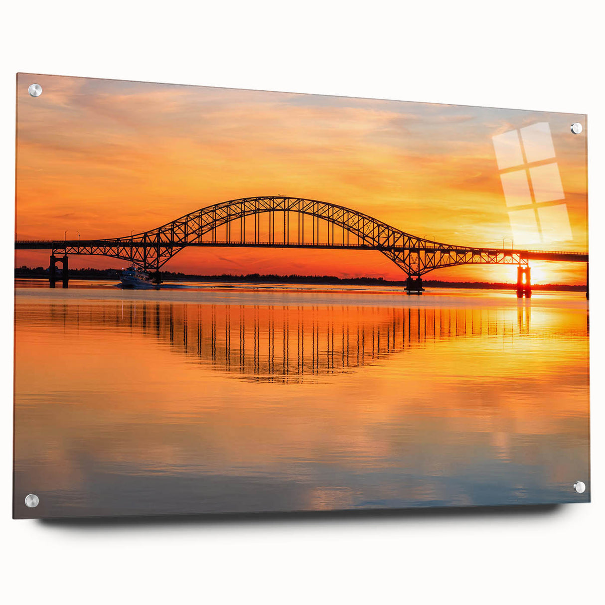 Acrylic wall art featuring a stunning landscape bridge design, displayed in a side view with decorative pins, ideal for modern home decor and art enthusiasts.