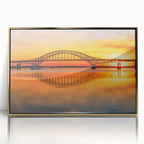 Framed acrylic wall art featuring a stunning landscape with bridges, showcasing vibrant colors and intricate details, perfect for enhancing modern interior decor.
