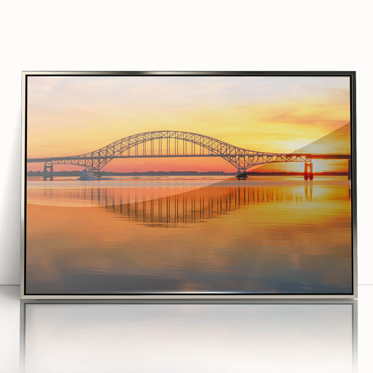 Framed acrylic wall art featuring a stunning landscape bridge design, showcasing vibrant colors and intricate details, ideal for modern home decor.