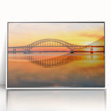 Framed acrylic wall art featuring a serene landscape with a bridge, set in a white frame, ideal for home decor and interior design inspiration.