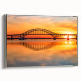 Framed canvas wall art showcasing a serene landscape featuring a majestic bridge, elegantly designed with silver accents, perfect for enhancing modern home decor.