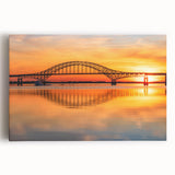 Stretched canvas wall art depicting a serene landscape featuring a bridge surrounded by lush greenery, ideal for home decor and enhancing living spaces.