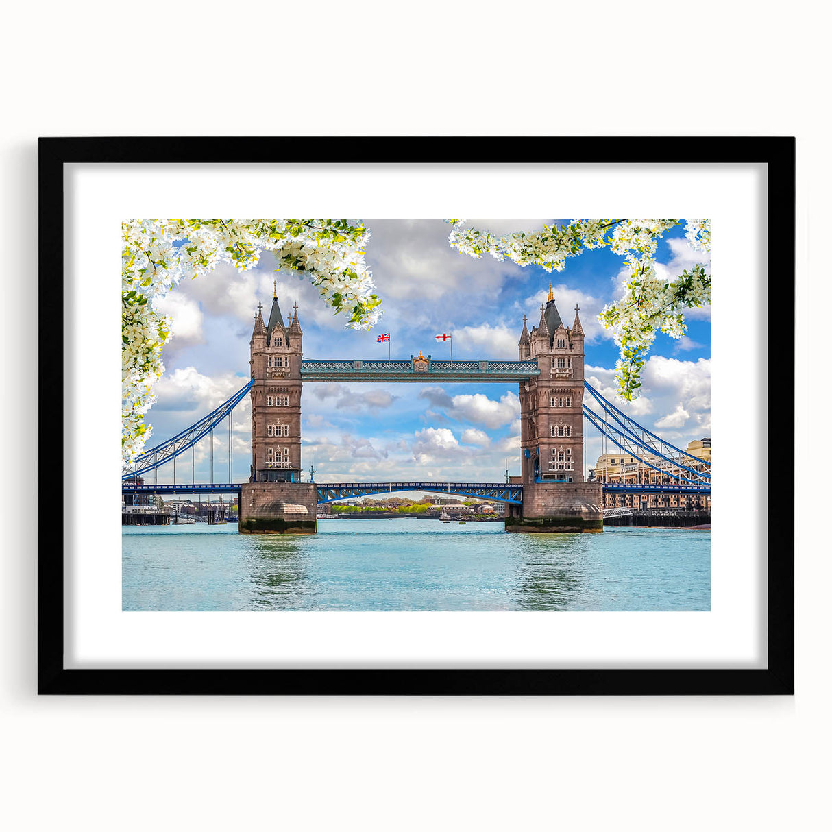 Framed black wall art featuring a serene landscape with a bridge, styled with a white mat for contrast, ideal for modern home decor.