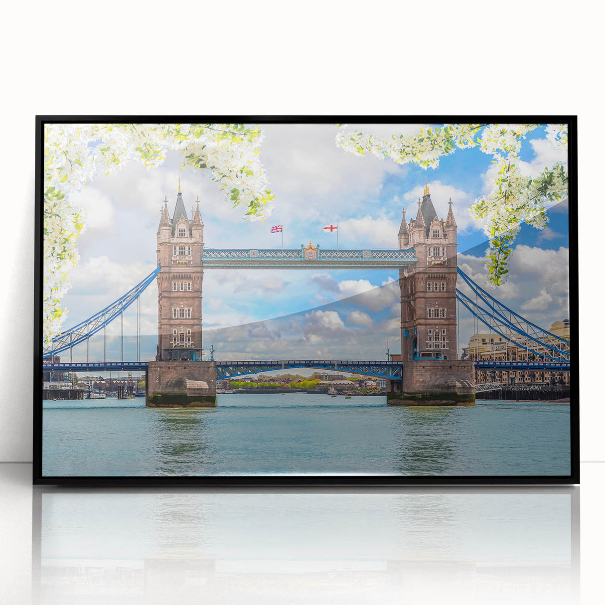 Framed acrylic wall art showcasing a modern landscape with a bridge, featuring a sleek black frame and vibrant colors, perfect for contemporary home decor.