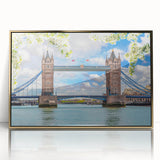 Framed wall art showcasing a stunning landscape bridge design with gold accents, ideal for modern home decor. The acrylic finish enhances visual depth.