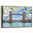 Framed canvas wall art showcasing an abstract bridge landscape design in vibrant colors, featuring a sleek black frame and side view perspective, perfect for modern decor.