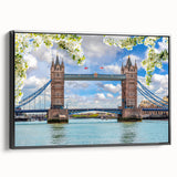 Framed canvas wall art showcasing an abstract bridge landscape design in vibrant colors, featuring a sleek black frame and side view perspective, perfect for modern decor.