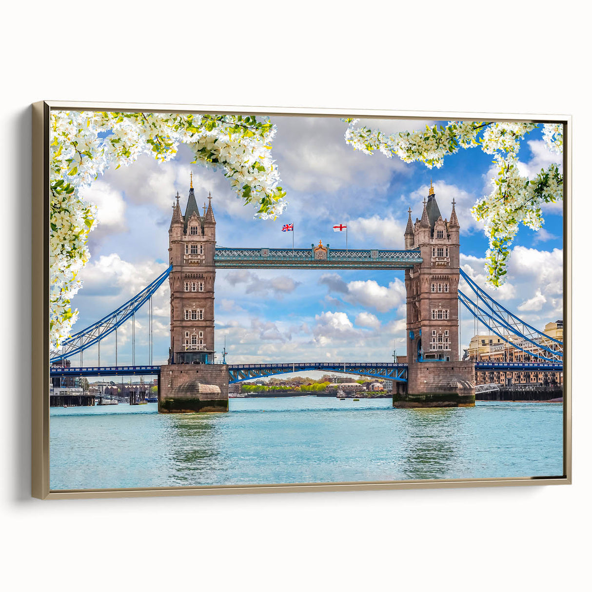 Framed canvas wall art showcasing a stunning landscape bridge design, featuring golden accents and a side view perspective, perfect for home decor.