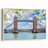 Framed canvas wall art depicting a serene landscape with a bridge, featuring vibrant colors and a modern design, displayed against a white background, perfect for home decor.