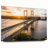 Stunning acrylic wall art collection showcasing a vibrant landscape with bridges, featuring a side view display held by stylish pins, ideal for modern decor.