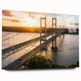 Acrylic glass wall art showcasing a stunning landscape with a bridge, presented in a side view without pins, ideal for modern home decor.