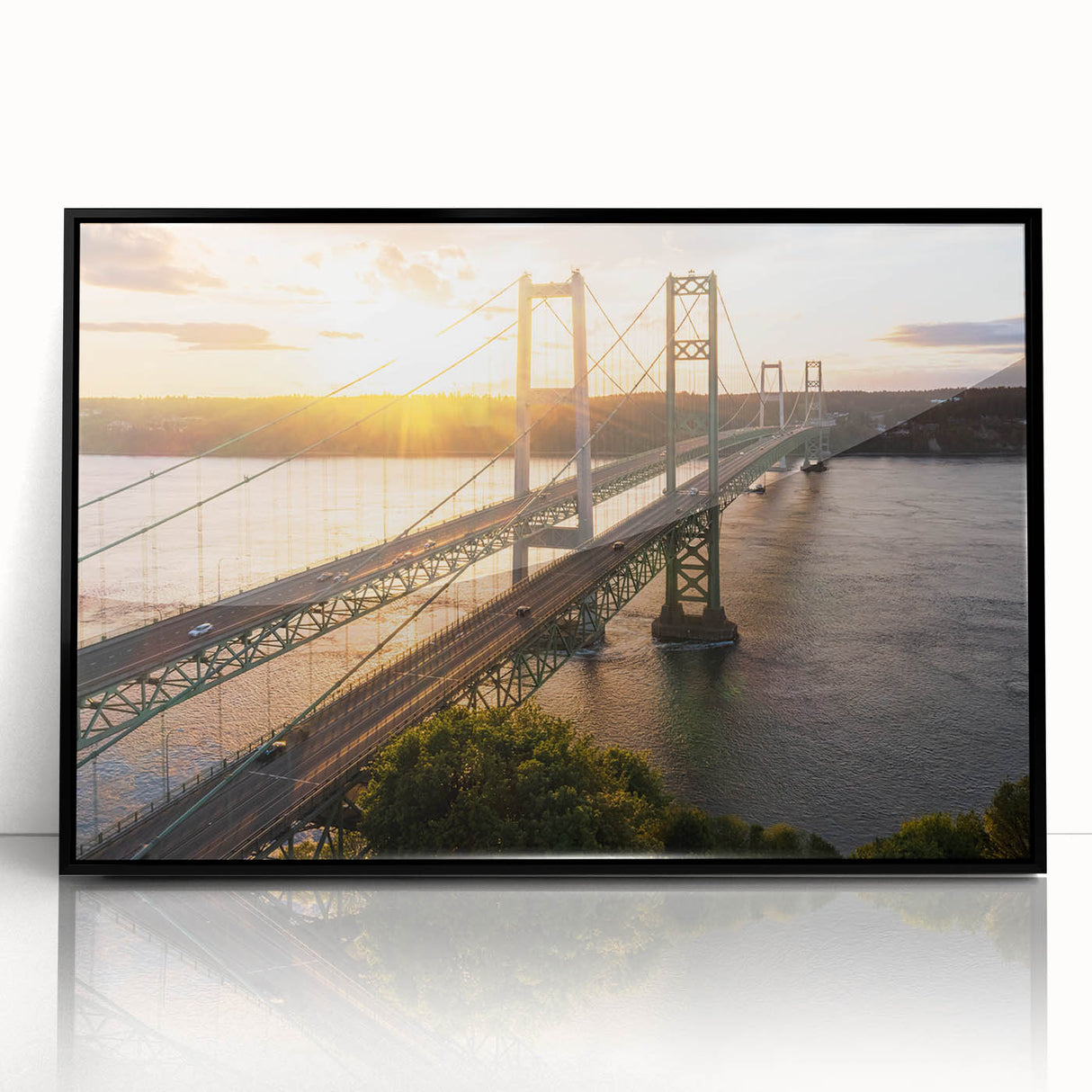 Framed acrylic wall art featuring a modern landscape bridge design with a sleek black frame, ideal for contemporary home decor. The artwork showcases vibrant colors and intricate details, enhancing any living space or office environment.