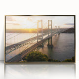 Framed wall art collection showcasing a stunning golden bridge landscape design, elegantly displayed with a sleek acrylic frame, perfect for modern home decor.