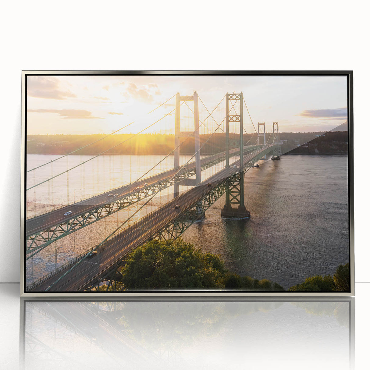 Framed acrylic wall art showcasing a modern landscape design of a bridge, presented in a stylish silver frame, suitable for enhancing home decor. This vibrant piece adds a contemporary touch to any space, perfect for art enthusiasts and collectors.