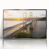 Framed acrylic wall art showcasing a modern landscape design of a bridge, presented in a stylish silver frame, suitable for enhancing home decor. This vibrant piece adds a contemporary touch to any space, perfect for art enthusiasts and collectors.