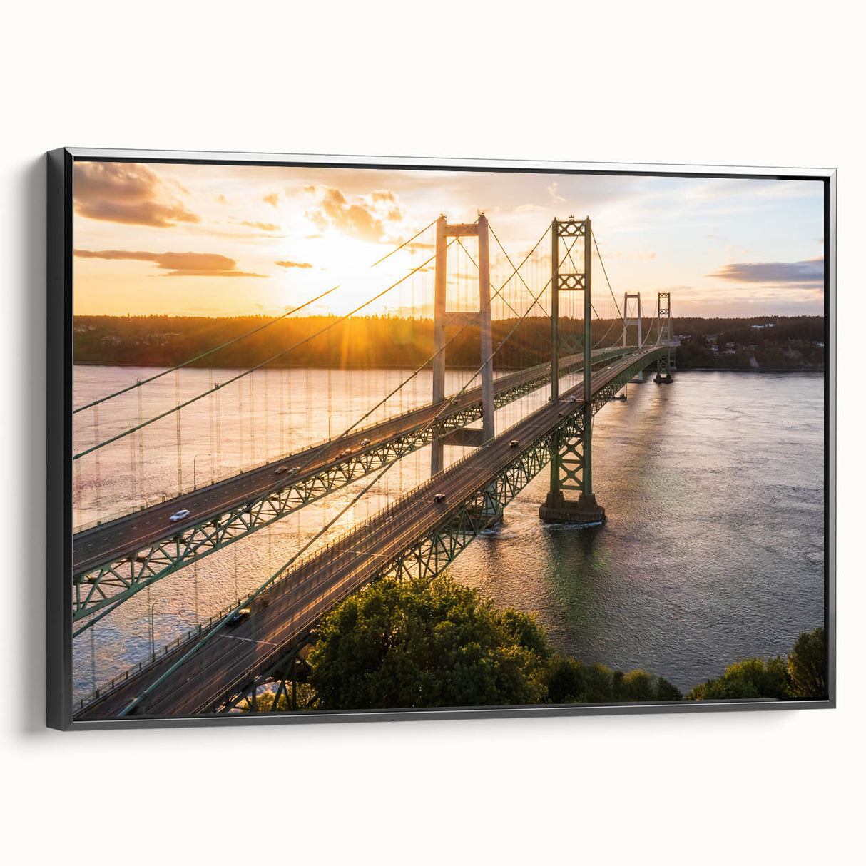 Framed wall art collection showcasing a stunning landscape bridge design on canvas with a sleek black frame, enhancing any modern decor setting.