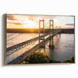 Framed canvas artwork displaying a serene landscape with a bridge, featuring gold accents and a modern design. Ideal for home decor in living rooms or offices.