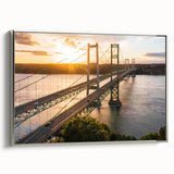 Framed canvas wall art showcasing a serene landscape with a bridge, highlighted by silver accents, perfect for home decor, emphasizing tranquility and nature.