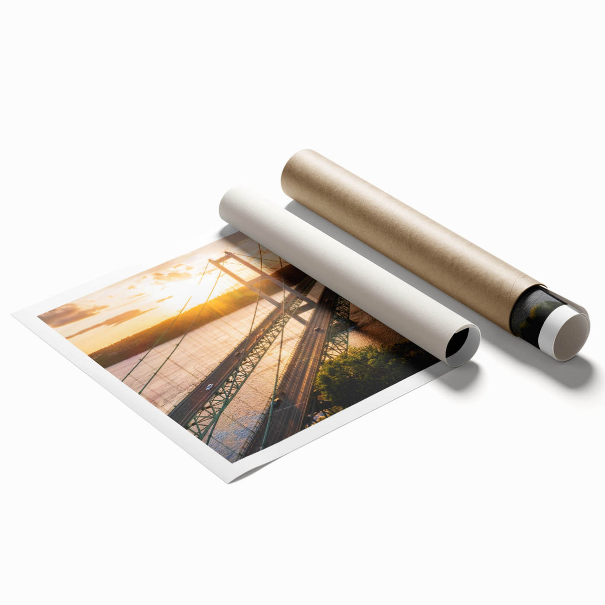 Stunning rolled print of a vibrant landscape featuring a bridge surrounded by lush greenery, ideal for home decor, emphasizing natural beauty and tranquility.