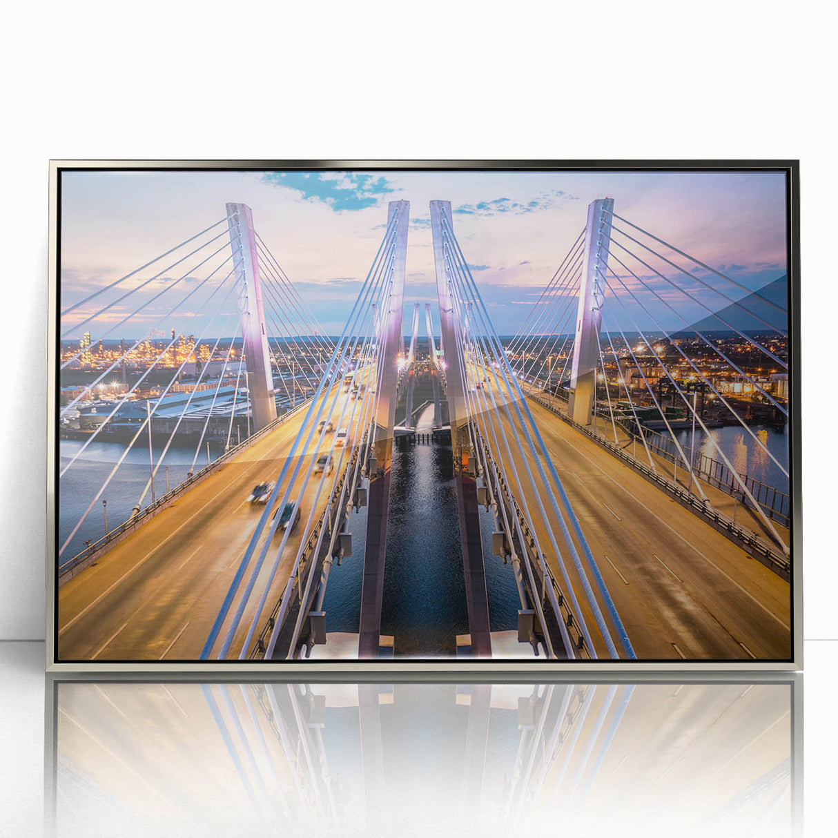 Framed acrylic wall art featuring a vibrant landscape with a bridge, designed in a contemporary style. The artwork has a sleek silver frame, enhancing its modern aesthetic and ready to elevate any home decor.