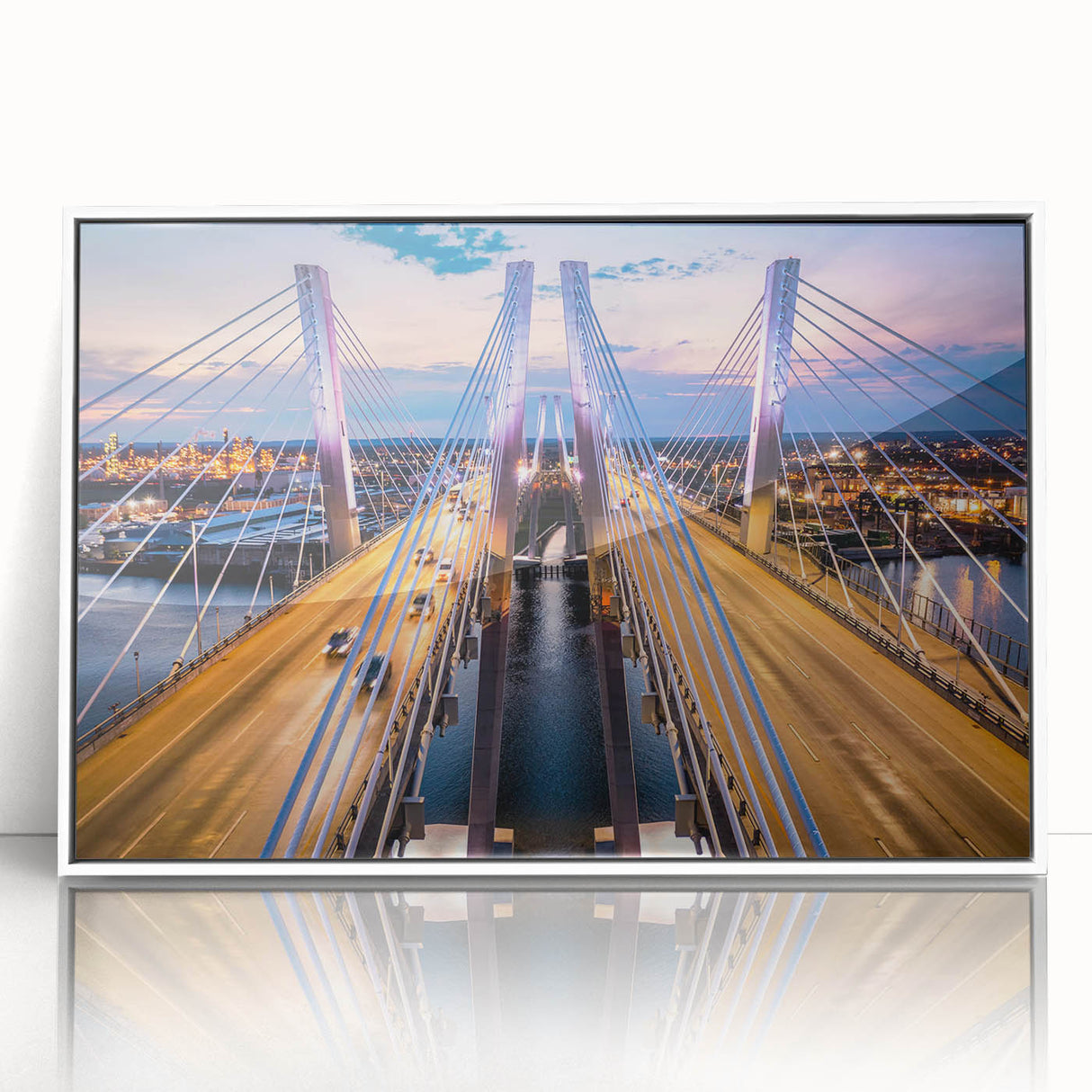 Framed acrylic wall art featuring a stunning landscape bridge design, showcasing vibrant colors and intricate details, perfect for modern home decor.