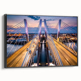 Framed canvas wall art showcasing a serene landscape bridge design in a black frame, perfect for modern home decor. Ideal for enhancing living spaces with nature-inspired elegance.