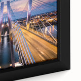 Close-up of a framed canvas wall art piece showcasing a vibrant landscape with a bridge, featuring rich colors and intricate details, perfect for home decor.