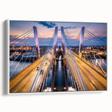 Framed canvas wall art showcasing a serene landscape bridge design with vibrant colors, set against a white background, ideal for modern home decor.