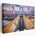 Stretched canvas wall art showcasing a serene landscape with a bridge over a tranquil river, accentuated by vibrant colors and natural scenery, perfect for home decor.