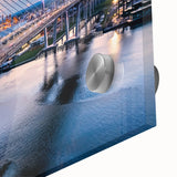 Close-up of a vibrant acrylic glass wall art piece showcasing a stunning landscape bridge design, perfect for modern home decor and interior styling.