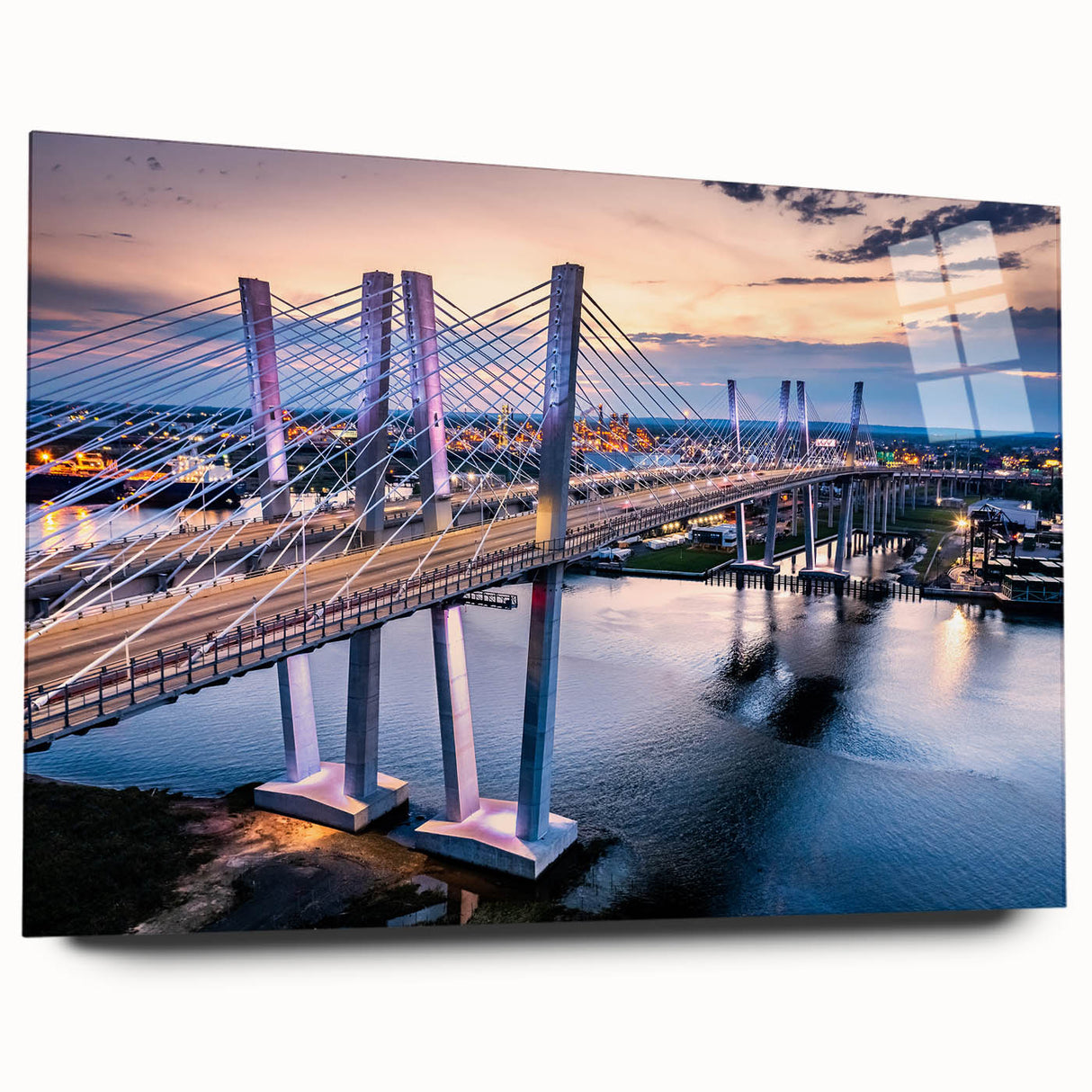 Acrylic wall art showcasing a stunning landscape bridge design with vibrant colors and intricate details, displayed in a side view without pins, perfect for modern decor.