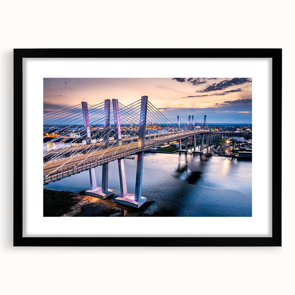 Framed black wall art featuring a serene landscape bridge design, elegantly matted for a polished finish, perfect for enhancing home decor aesthetics.