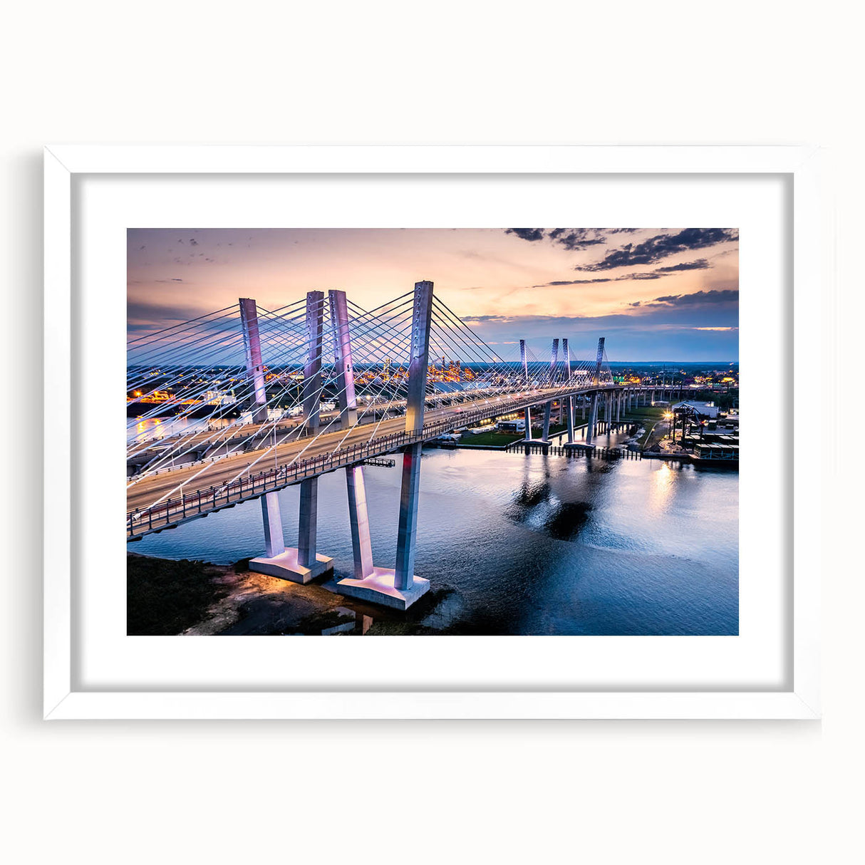 Framed wall art featuring a serene landscape bridge design, showcased in a stylish white frame with a mat, ideal for enhancing home decor aesthetics.