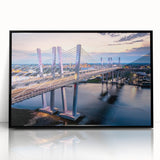 Framed acrylic wall art showcasing a stunning landscape bridge design, featuring a sleek black frame and vibrant colors, ideal for modern home decor.