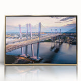 Framed acrylic wall art showcasing a stunning landscape bridge design, featuring rich gold tones and intricate details, perfect for enhancing modern home decor.