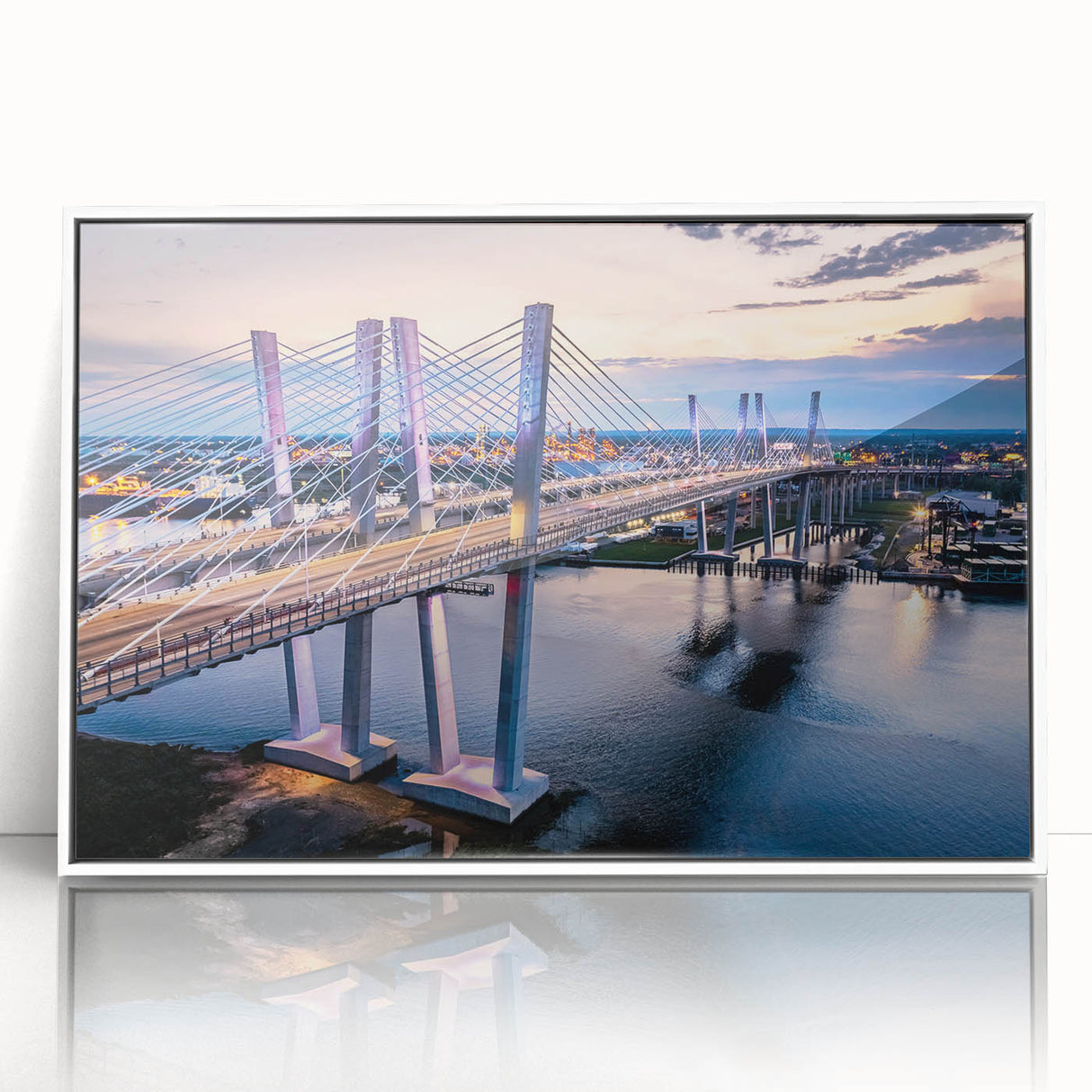 Framed acrylic wall art showcasing a modern bridge landscape design in vibrant colors, ideal for contemporary home decor. The artwork features a white frame, enhancing its visual appeal and elegance.